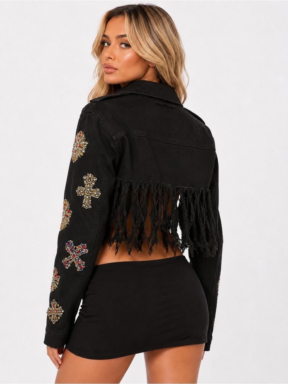 AKIRA Black Distressed Rhinestone Cross Fringe Denim Jacket NWT - Picture 2 of 5